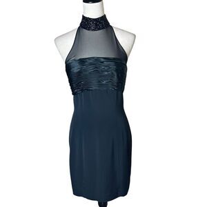 Black Tie Oleg Cassini Beaded Halter Cocktail Formal Dress 8 Sheer Illusion Y2K